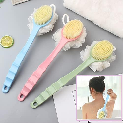 2 IN 1 loofah with handle, Bath Brush, back scrubber, Bath Brush with Soft Comfortable Bristles And Loofah with handle, Double Sided Bath Brush Scrubber for bathing