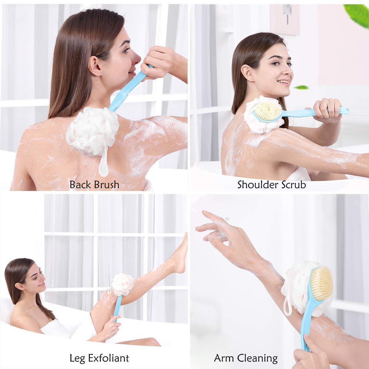 2 IN 1 loofah with handle, Bath Brush, back scrubber, Bath Brush with Soft Comfortable Bristles And Loofah with handle, Double Sided Bath Brush Scrubber for bathing