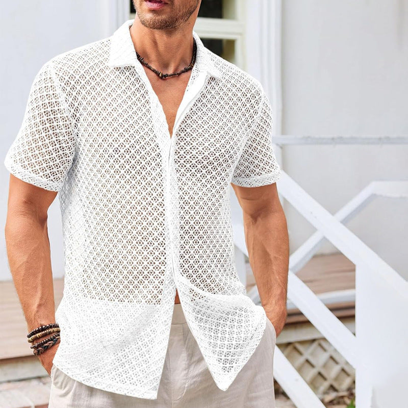 Summer Mesh Short Sleeve Shirt Fashion Solid Color Lapel Shirt Tops Beach Men Clothing