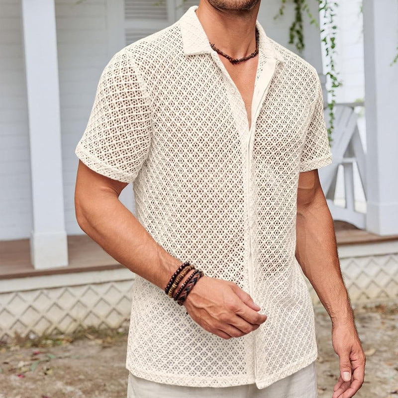 Summer Mesh Short Sleeve Shirt Fashion Solid Color Lapel Shirt Tops Beach Men Clothing